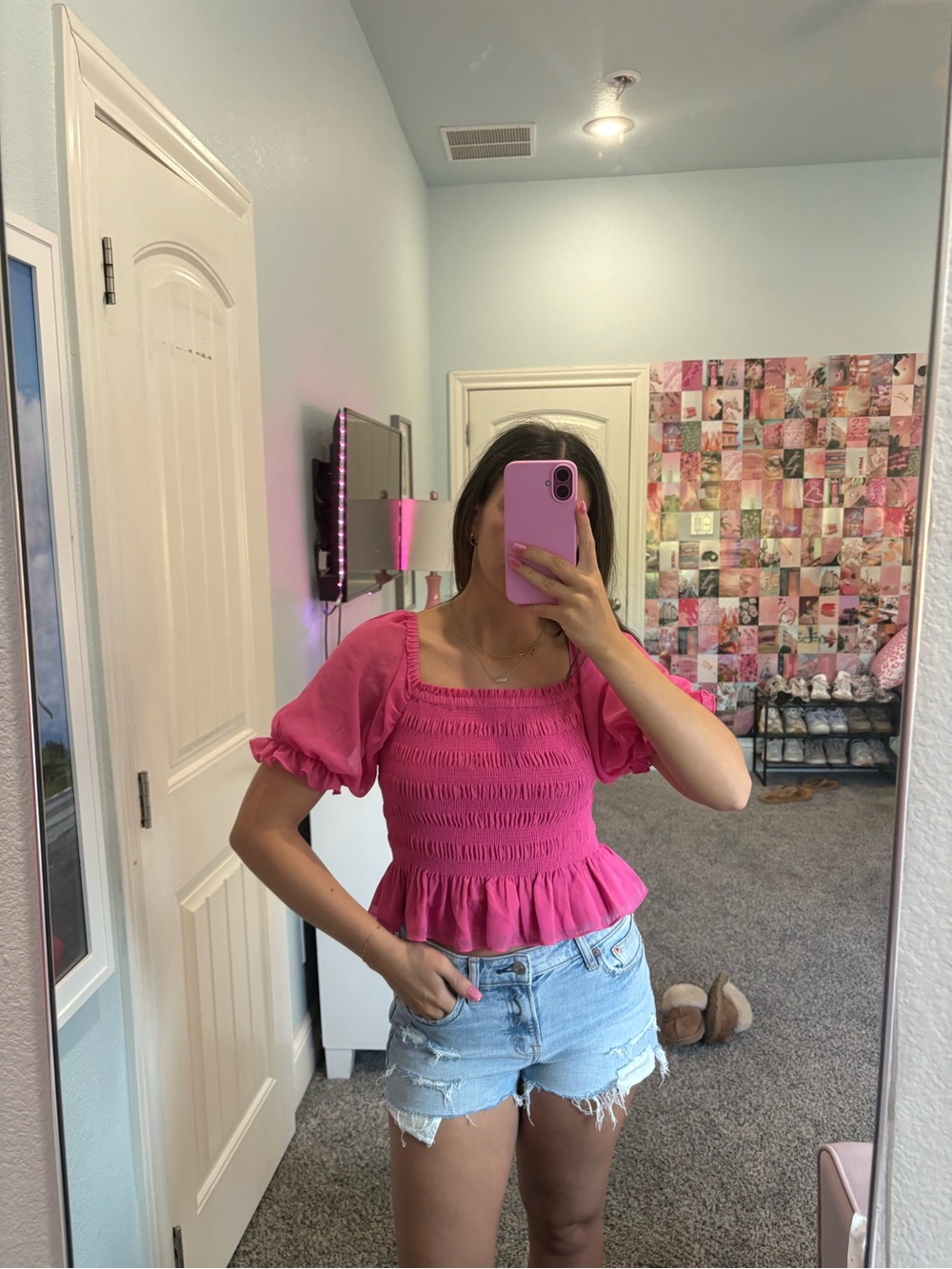 Wayf Hot Pink Smocked Square-Neck Peplum Blouse